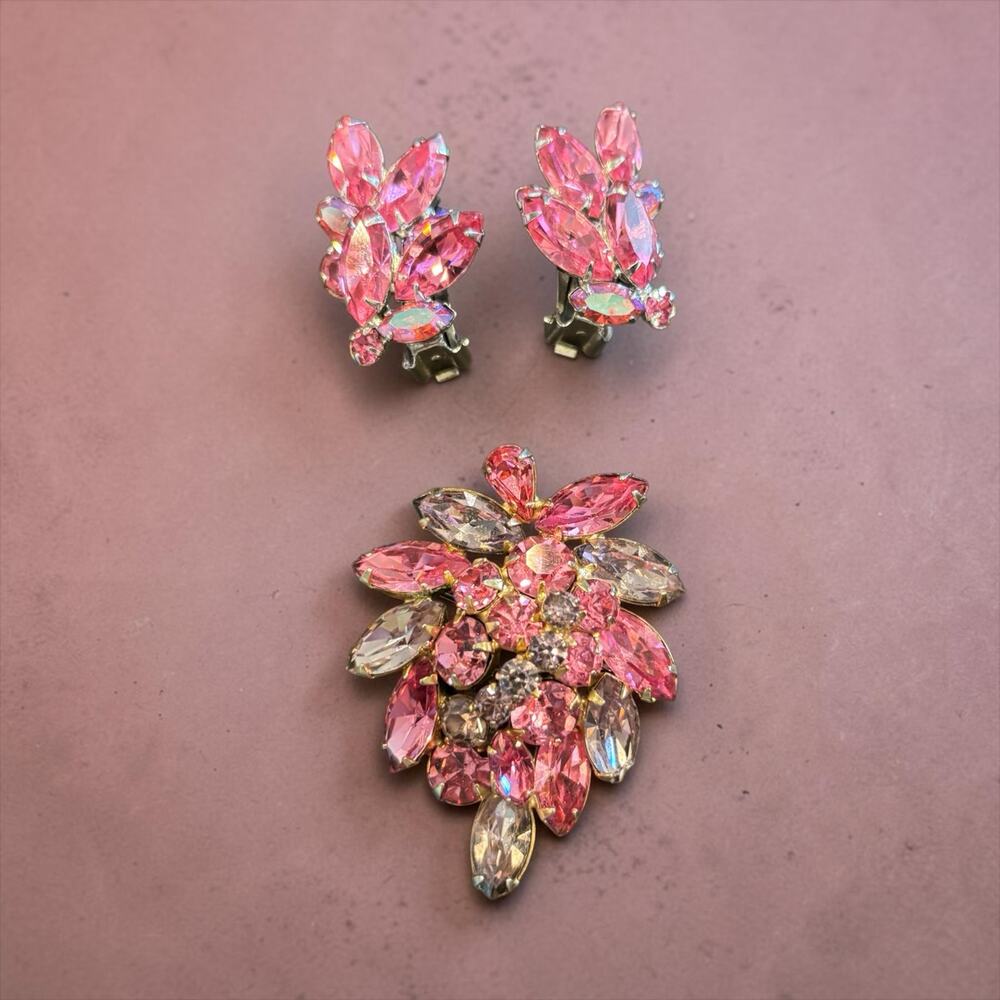 Weiss Pink Rhinestone Flower Brooch Earrings Set AB Crystal Glam Vintage